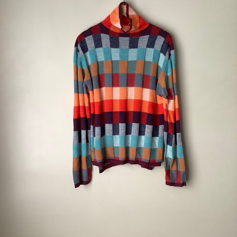 NWT Multicolored Checkerboard Long Sleeve Turtleneck Loose Sweater Womens XL